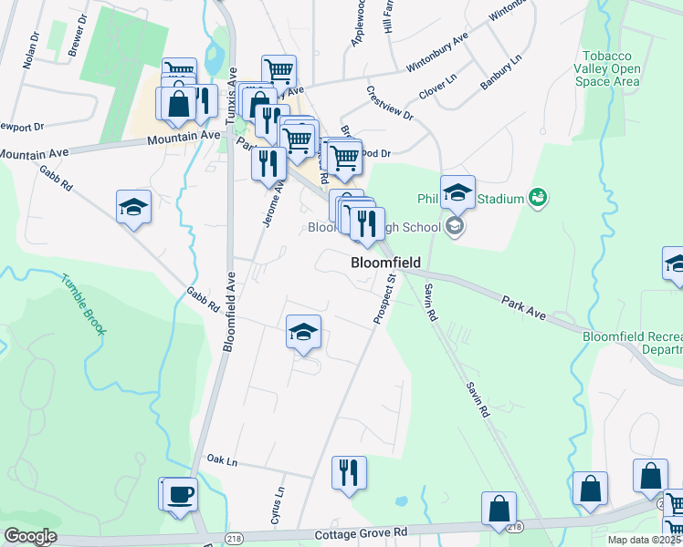 map of restaurants, bars, coffee shops, grocery stores, and more near 10 Scott Drive in Bloomfield