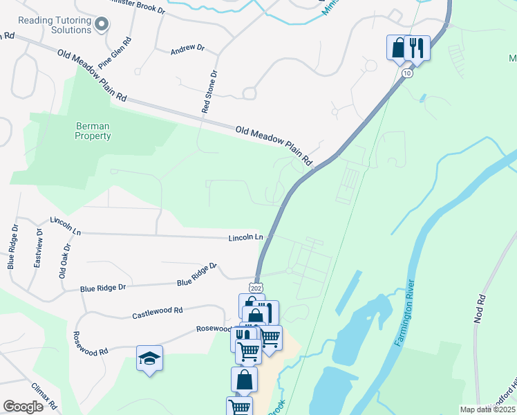 map of restaurants, bars, coffee shops, grocery stores, and more near 16 Hilltop Drive in Simsbury
