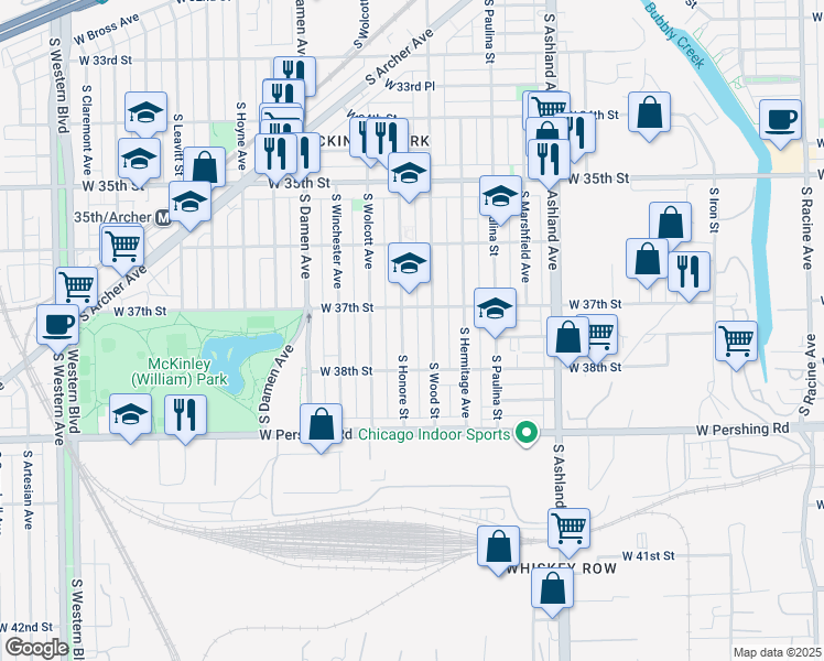 map of restaurants, bars, coffee shops, grocery stores, and more near 3724 South Wood Street in Chicago