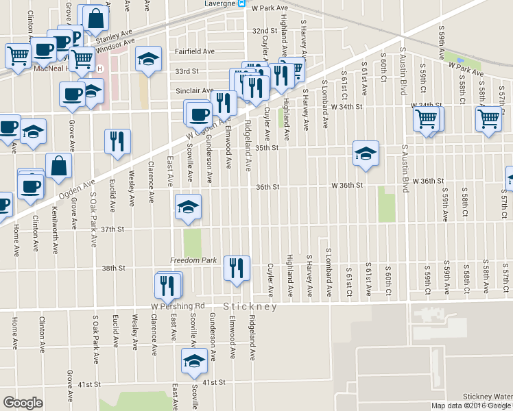 map of restaurants, bars, coffee shops, grocery stores, and more near 3628 Ridgeland Avenue in Berwyn