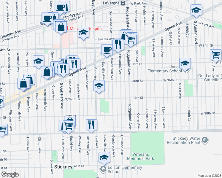 map of restaurants, bars, coffee shops, grocery stores, and more near 3625 Scoville Avenue in Berwyn