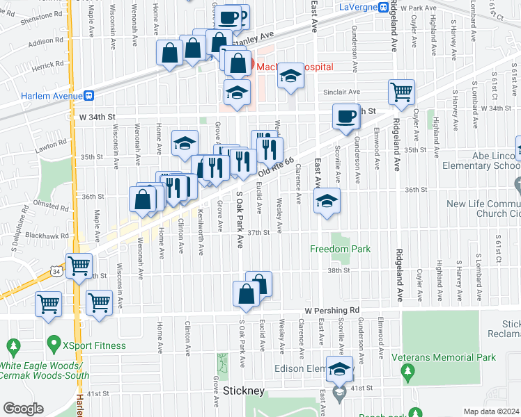 map of restaurants, bars, coffee shops, grocery stores, and more near 3627 Oak Park Avenue in Berwyn