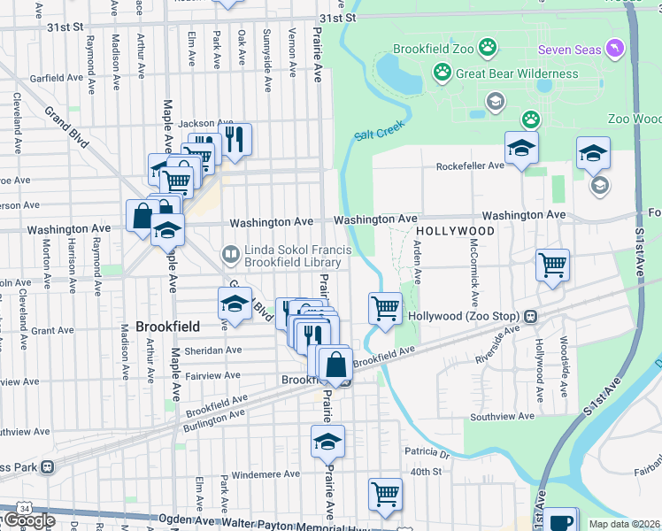 map of restaurants, bars, coffee shops, grocery stores, and more near 3544 Prairie Avenue in Brookfield