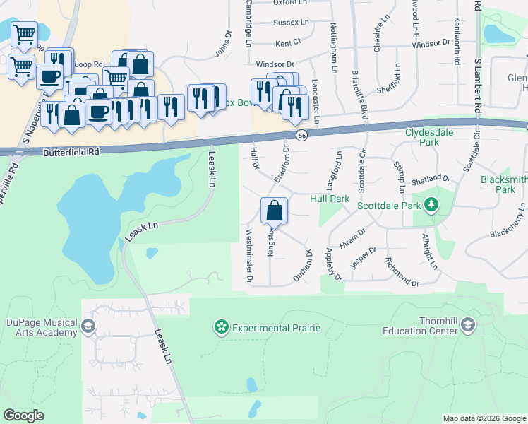 map of restaurants, bars, coffee shops, grocery stores, and more near 2215 Bradford Drive in Wheaton