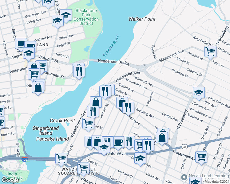 map of restaurants, bars, coffee shops, grocery stores, and more near 32 Central Avenue in East Providence