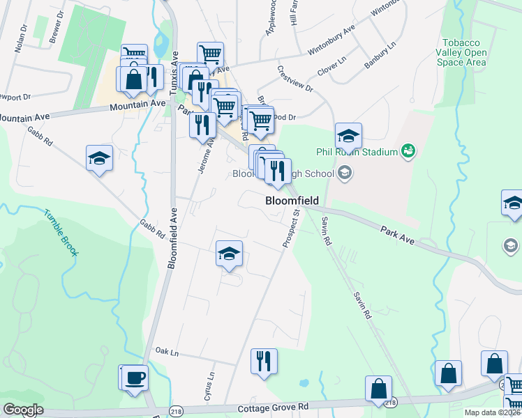 map of restaurants, bars, coffee shops, grocery stores, and more near 36 Scott Drive in Bloomfield