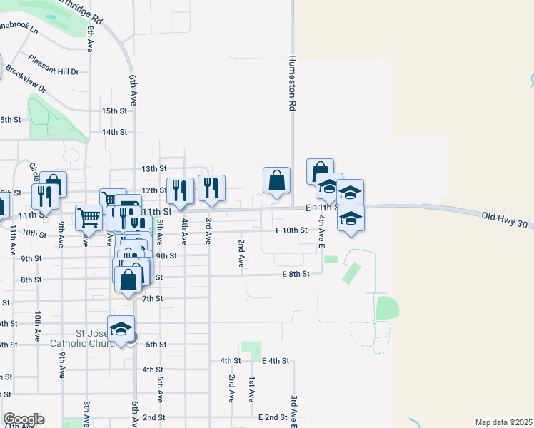 map of restaurants, bars, coffee shops, grocery stores, and more near 107 East 11th Street in DeWitt