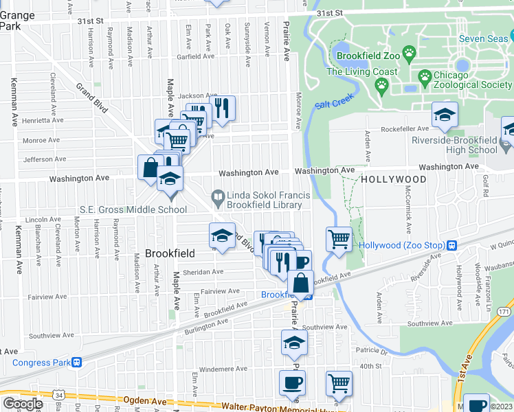 map of restaurants, bars, coffee shops, grocery stores, and more near 3543 Sunnyside Avenue in Brookfield