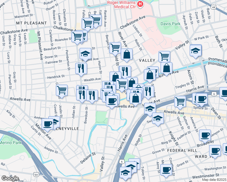 map of restaurants, bars, coffee shops, grocery stores, and more near 316 Valley Street in Providence