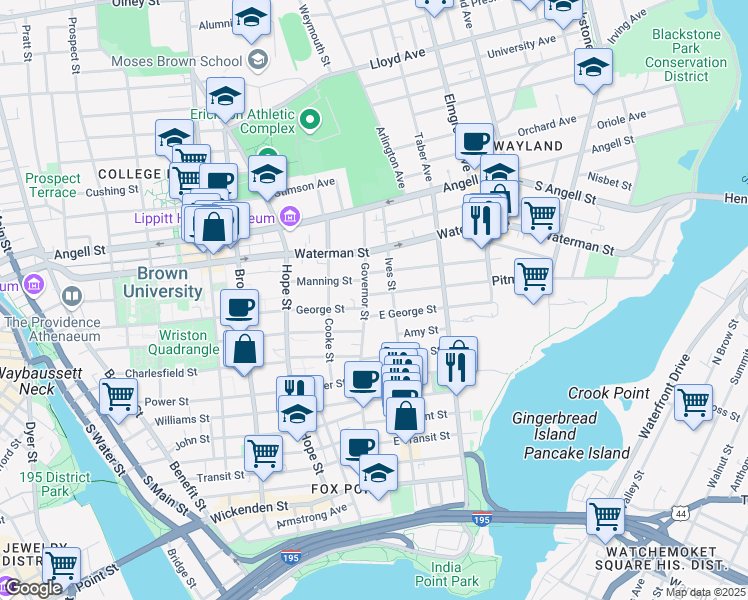 map of restaurants, bars, coffee shops, grocery stores, and more near 159 Governor Street in Providence