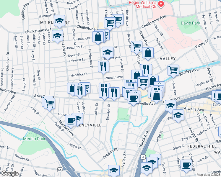 map of restaurants, bars, coffee shops, grocery stores, and more near 7 Cutler Street in Providence