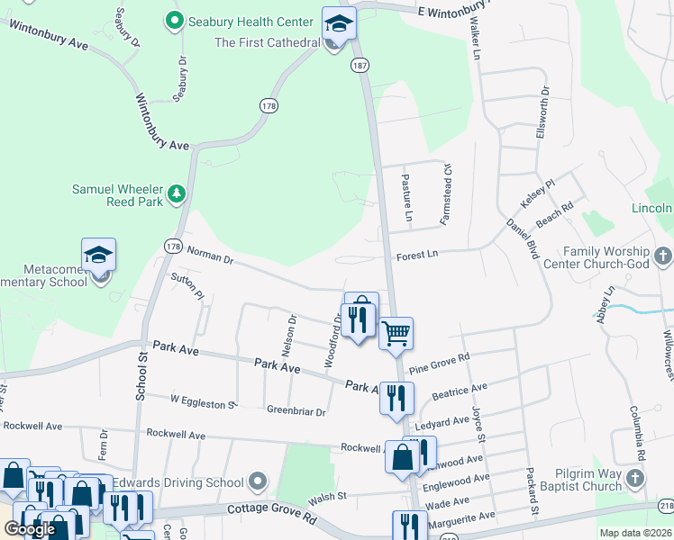 map of restaurants, bars, coffee shops, grocery stores, and more near 25 Woodford Drive in Bloomfield