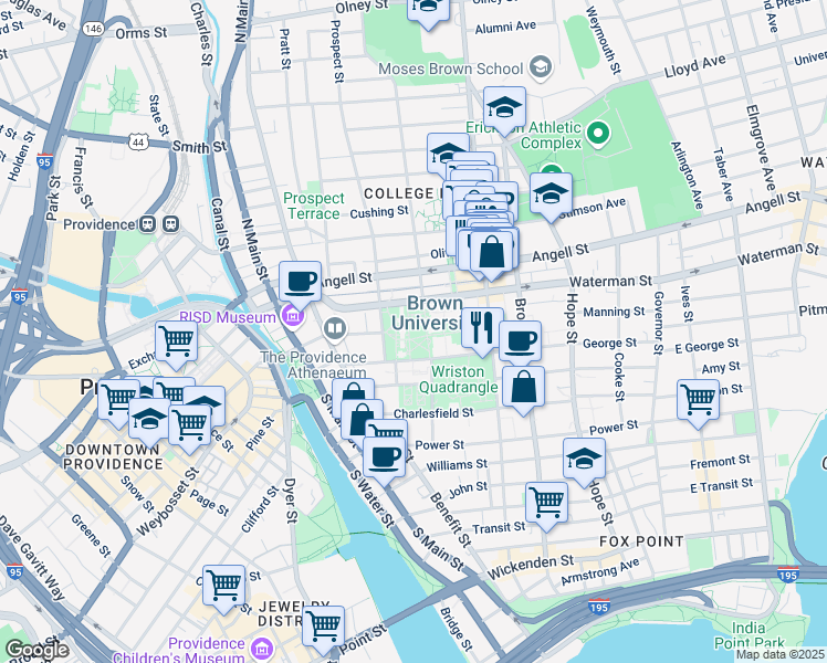 map of restaurants, bars, coffee shops, grocery stores, and more near 75 Waterman Street in Providence