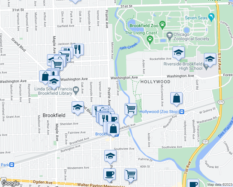 map of restaurants, bars, coffee shops, grocery stores, and more near 3544 Forest Avenue in Brookfield