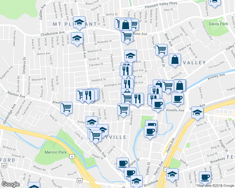 map of restaurants, bars, coffee shops, grocery stores, and more near 30 Rockland Avenue in Providence