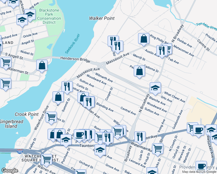 map of restaurants, bars, coffee shops, grocery stores, and more near 95 Woodward Avenue in East Providence