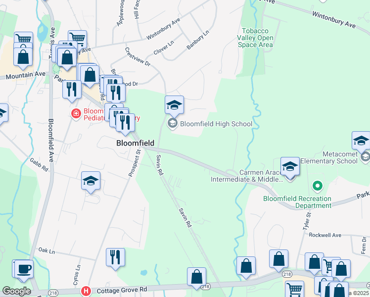 map of restaurants, bars, coffee shops, grocery stores, and more near 5 Huckleberry Lane in Bloomfield