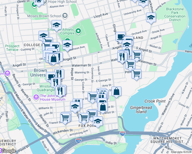 map of restaurants, bars, coffee shops, grocery stores, and more near 9 Pitman Street in Providence