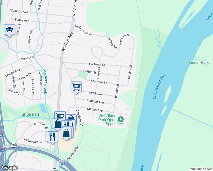 map of restaurants, bars, coffee shops, grocery stores, and more near 78 Seymour Street in Windsor