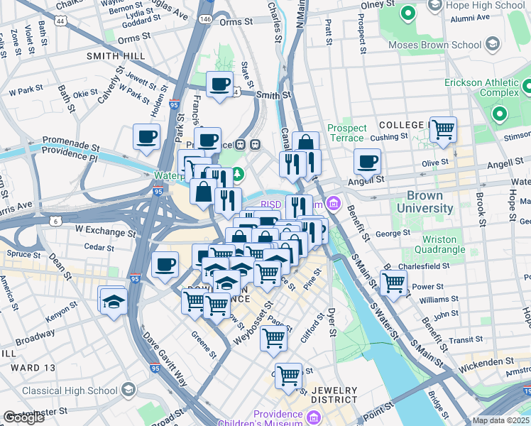 map of restaurants, bars, coffee shops, grocery stores, and more near 56 Exchange Street in Providence