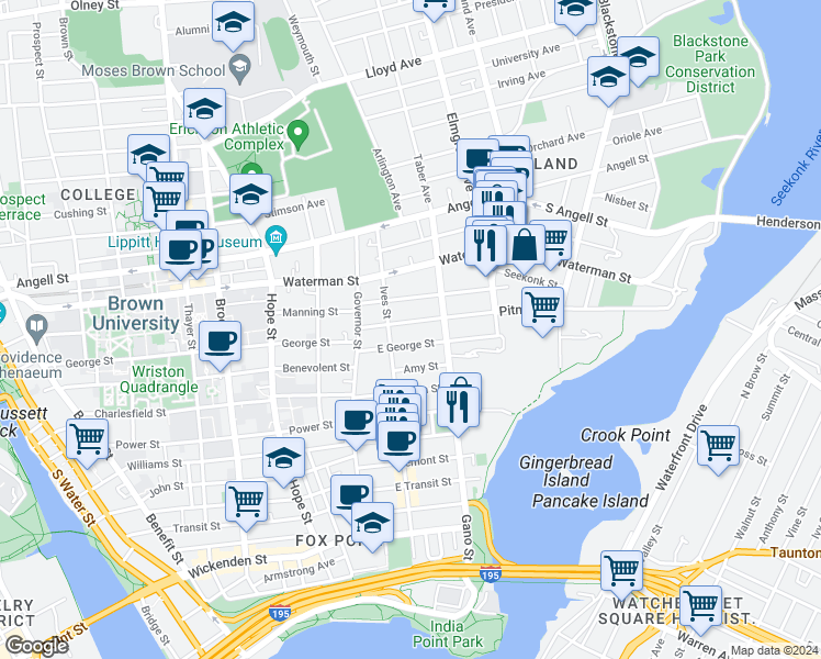 map of restaurants, bars, coffee shops, grocery stores, and more near in Providence