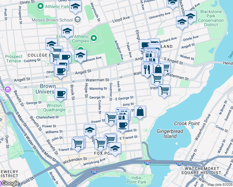 map of restaurants, bars, coffee shops, grocery stores, and more near in Providence