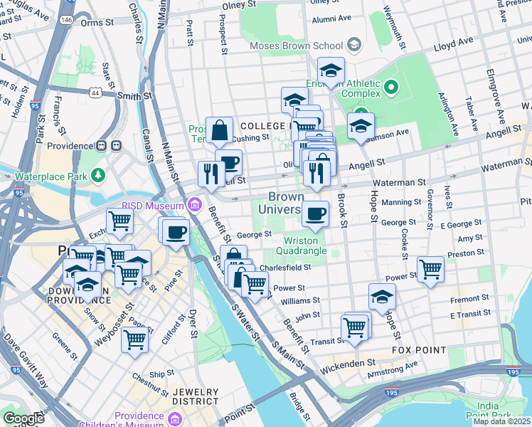 map of restaurants, bars, coffee shops, grocery stores, and more near 1881 Prospect Street in Providence