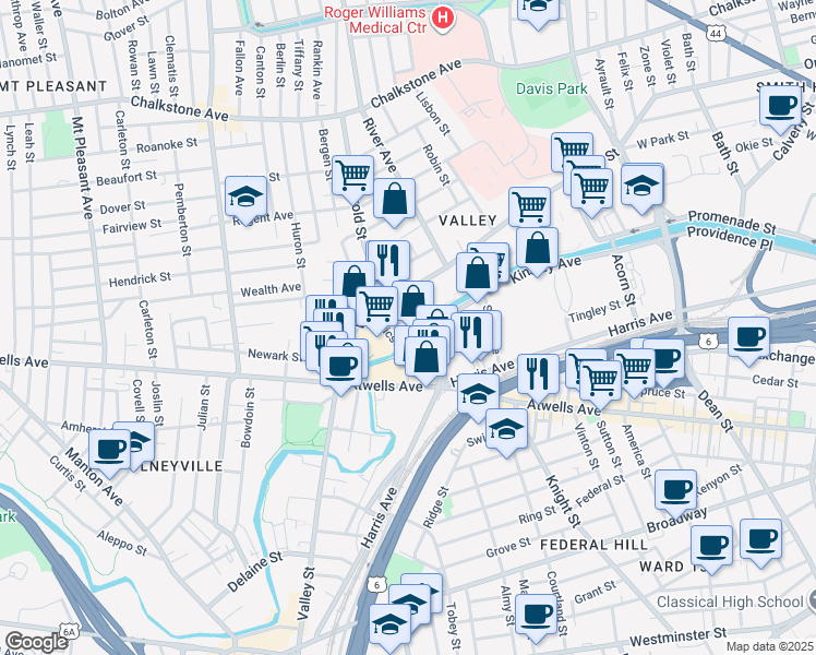 map of restaurants, bars, coffee shops, grocery stores, and more near 47 Eagle Street in Providence