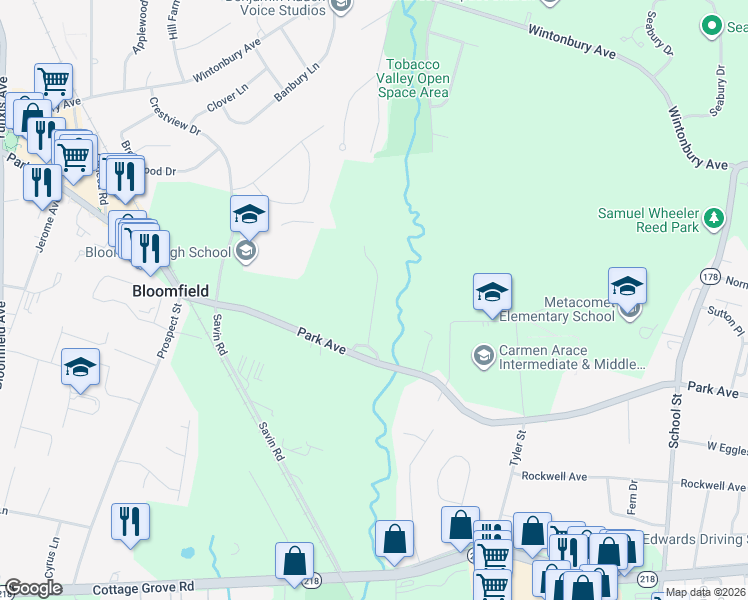map of restaurants, bars, coffee shops, grocery stores, and more near 14 Revere Drive in Bloomfield