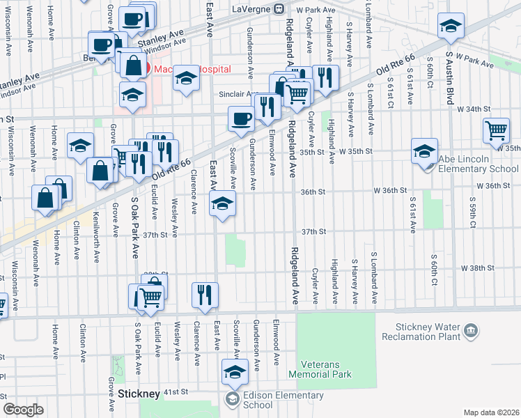 map of restaurants, bars, coffee shops, grocery stores, and more near 3626 Elmwood Avenue in Berwyn