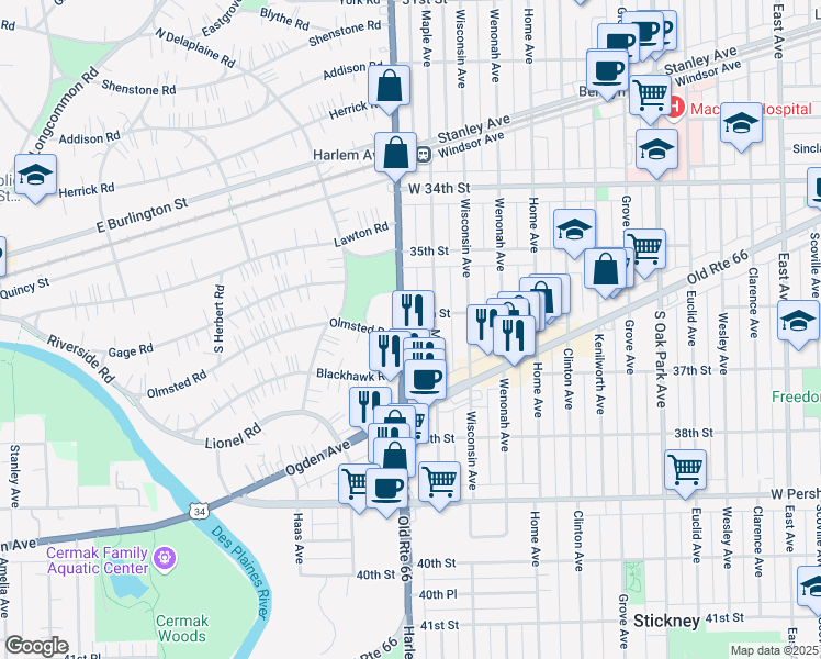 map of restaurants, bars, coffee shops, grocery stores, and more near 3615 South Harlem Avenue in Berwyn