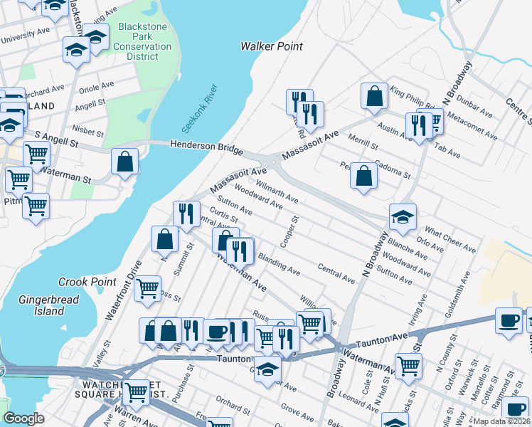 map of restaurants, bars, coffee shops, grocery stores, and more near 89 Sutton Avenue in East Providence