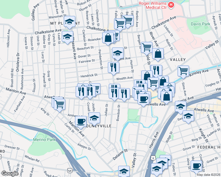 map of restaurants, bars, coffee shops, grocery stores, and more near 47 Academy Avenue in Providence