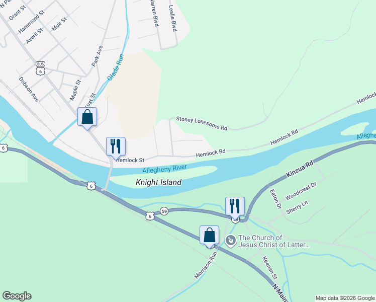 map of restaurants, bars, coffee shops, grocery stores, and more near 101 Hemlock Road in Warren