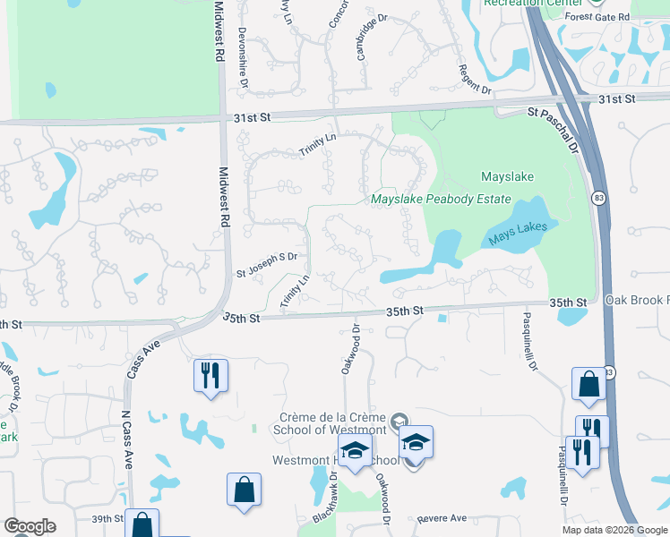 map of restaurants, bars, coffee shops, grocery stores, and more near 408 Bridgeway Court in Oak Brook
