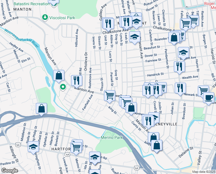 map of restaurants, bars, coffee shops, grocery stores, and more near 27 Unit Street in Providence