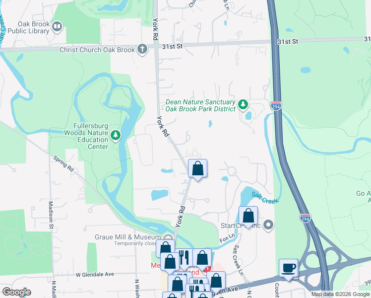 map of restaurants, bars, coffee shops, grocery stores, and more near 2 York Lake Court in Oak Brook