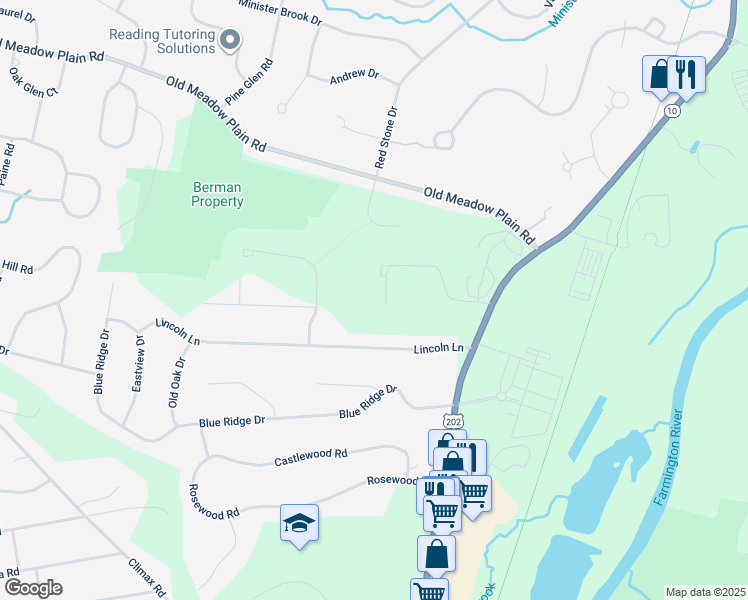 map of restaurants, bars, coffee shops, grocery stores, and more near 112 Hilltop Drive in Simsbury