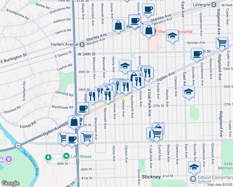 map of restaurants, bars, coffee shops, grocery stores, and more near 6940 Ogden Avenue in Berwyn