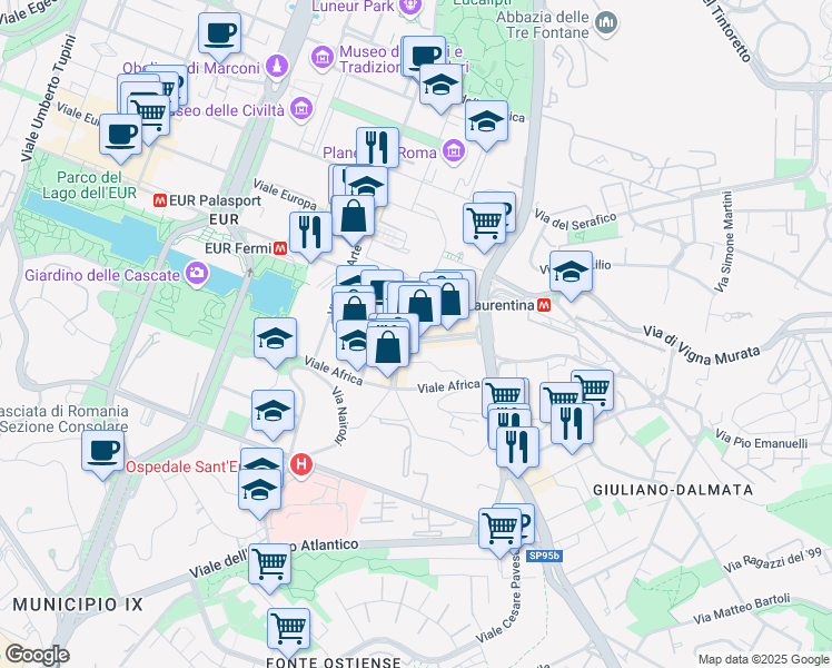 map of restaurants, bars, coffee shops, grocery stores, and more near 62 Via delle Montagne Rocciose in Roma