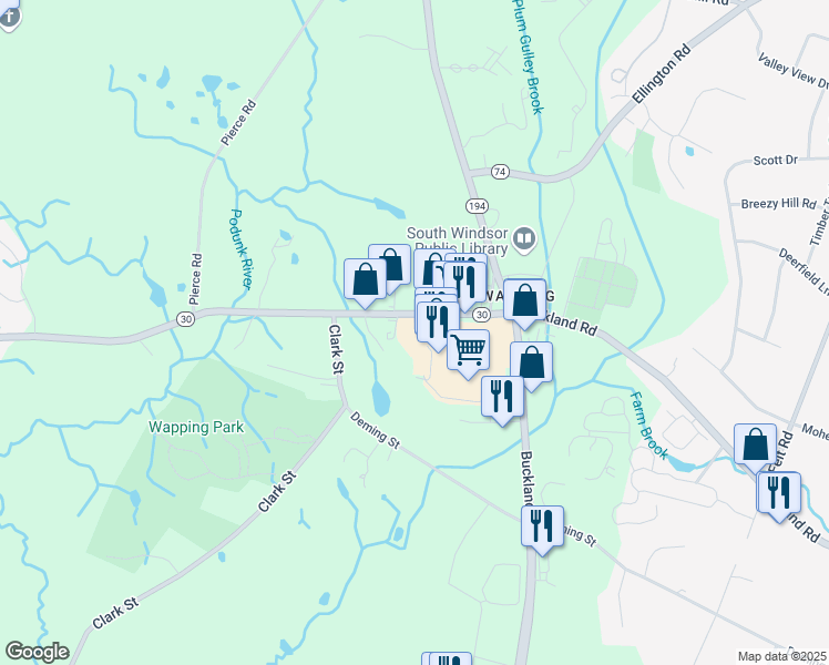 map of restaurants, bars, coffee shops, grocery stores, and more near 1695 Ellington Road in South Windsor