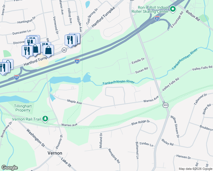 map of restaurants, bars, coffee shops, grocery stores, and more near 80 Frederick Road in Vernon