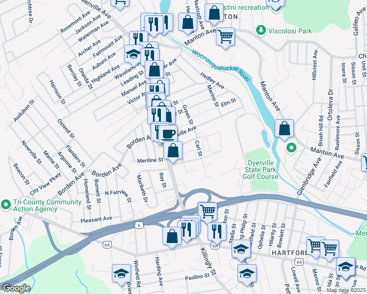 map of restaurants, bars, coffee shops, grocery stores, and more near 12 Sunnyside Ave in Johnston