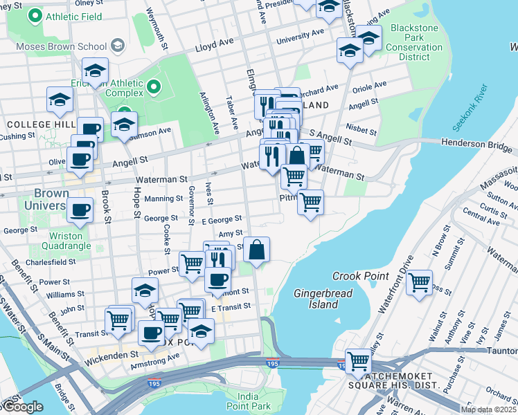 map of restaurants, bars, coffee shops, grocery stores, and more near 77 Pitman Street in Providence