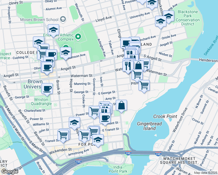 map of restaurants, bars, coffee shops, grocery stores, and more near in Providence