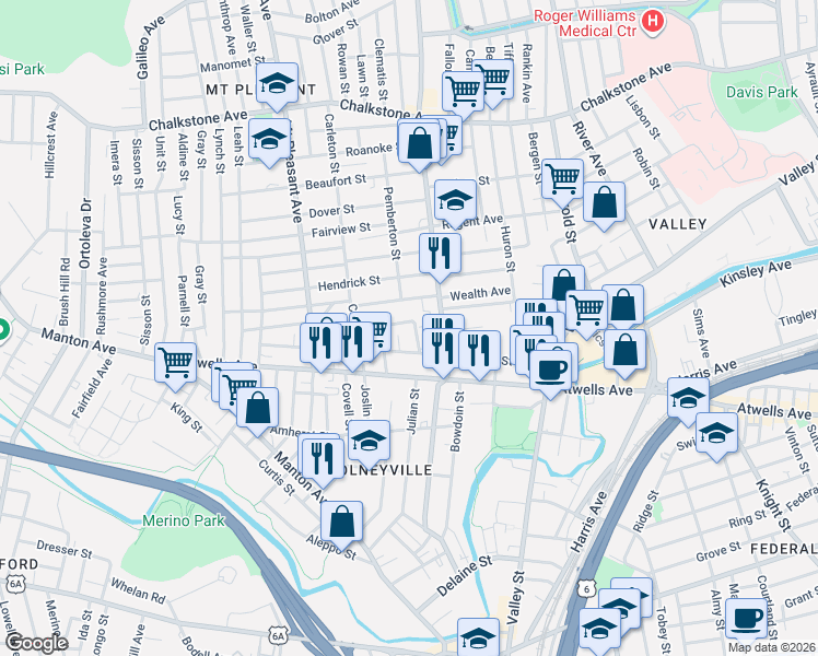 map of restaurants, bars, coffee shops, grocery stores, and more near 30 Rockland Avenue in Providence