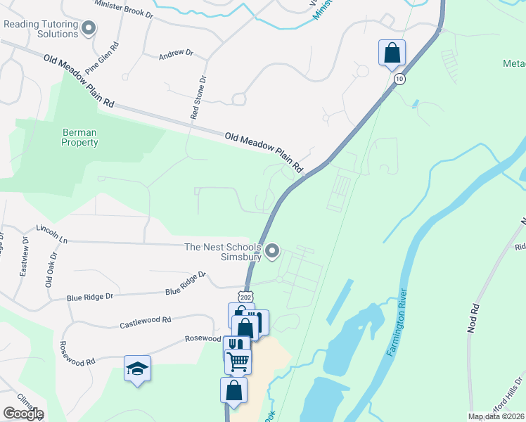 map of restaurants, bars, coffee shops, grocery stores, and more near 16 Hilltop Drive in Simsbury