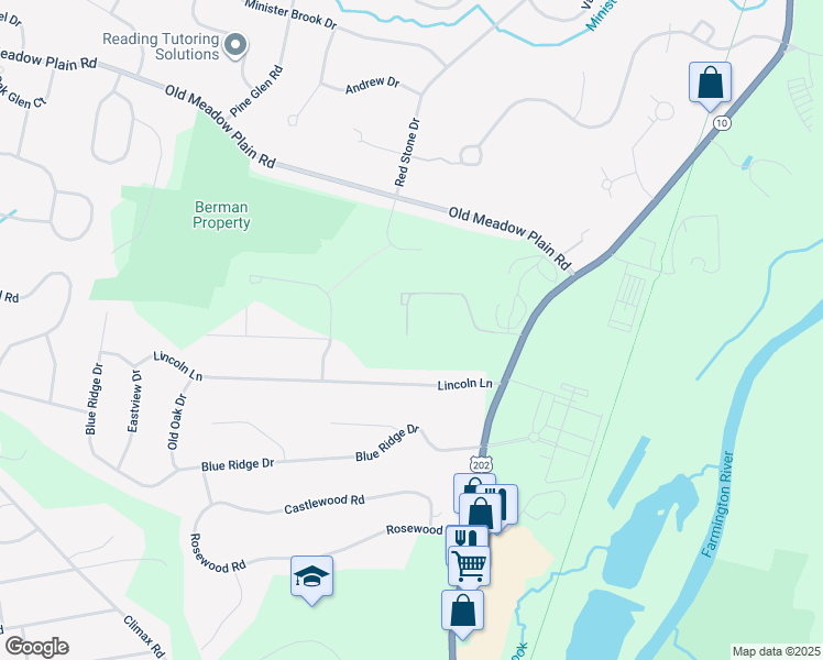 map of restaurants, bars, coffee shops, grocery stores, and more near 84 Hilltop Drive in Simsbury