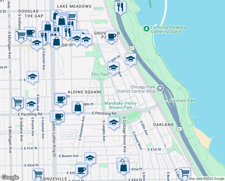 map of restaurants, bars, coffee shops, grocery stores, and more near 720 East 38th Street in Chicago