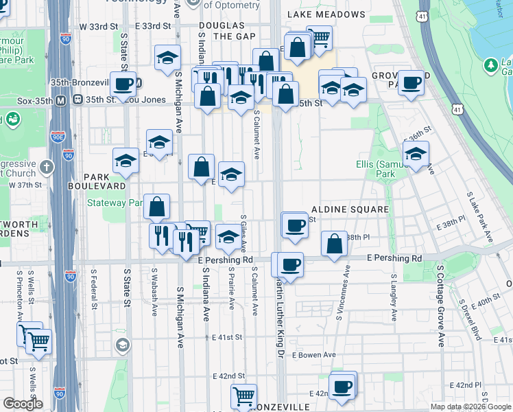 map of restaurants, bars, coffee shops, grocery stores, and more near 324 East 38th Street in Chicago